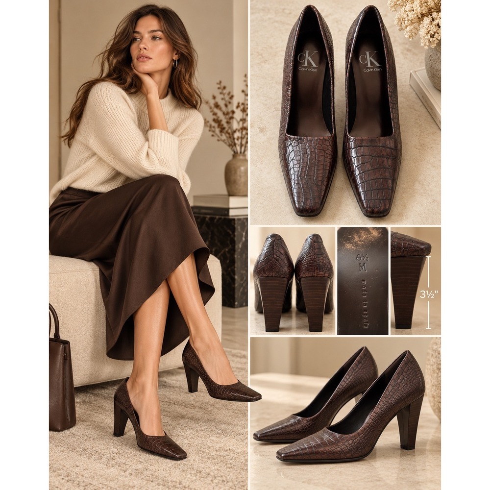 Calvin Klein Collection Brown Croc Embossed Leather Pumps 6.5 Made in Spain